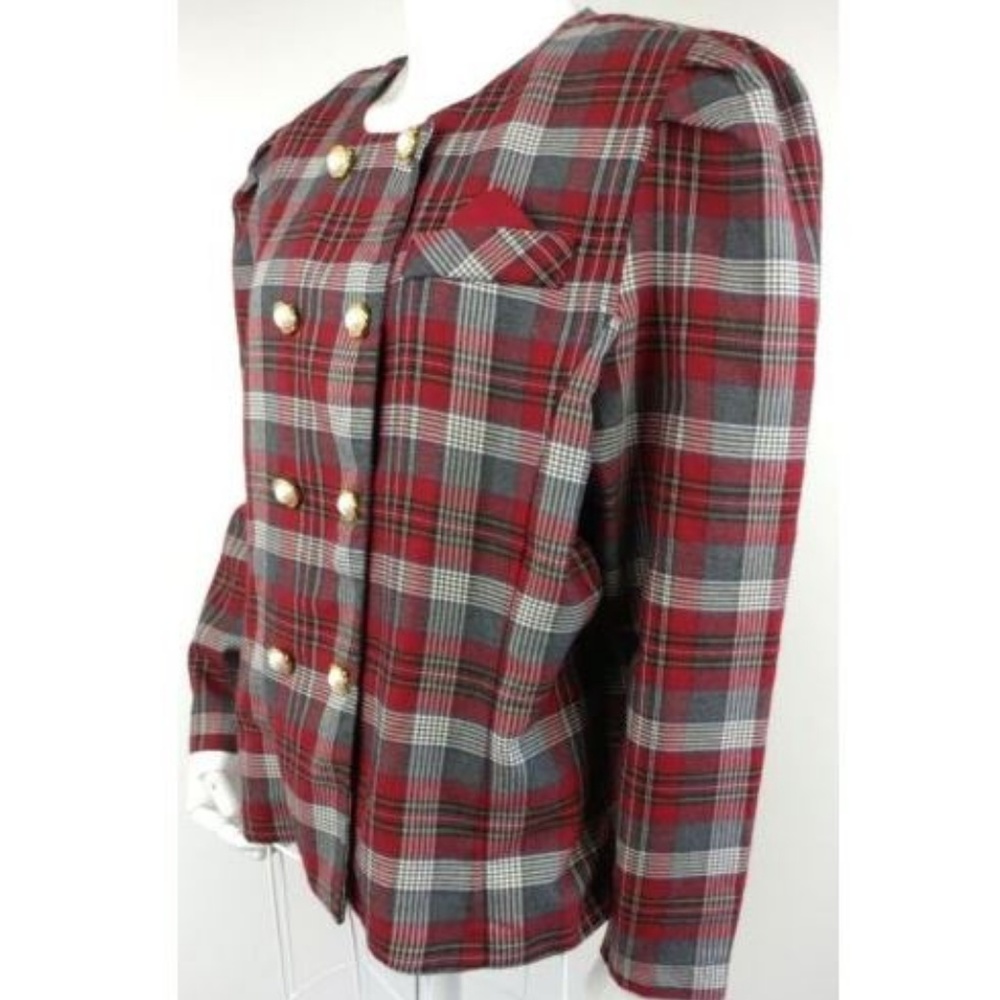 Vintage 80s Plaid Power Suit Blazer Red Gray M L - Picture 4 of 8